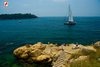 Vista sulle barche e l'isola di S. Caterina a Rovigno